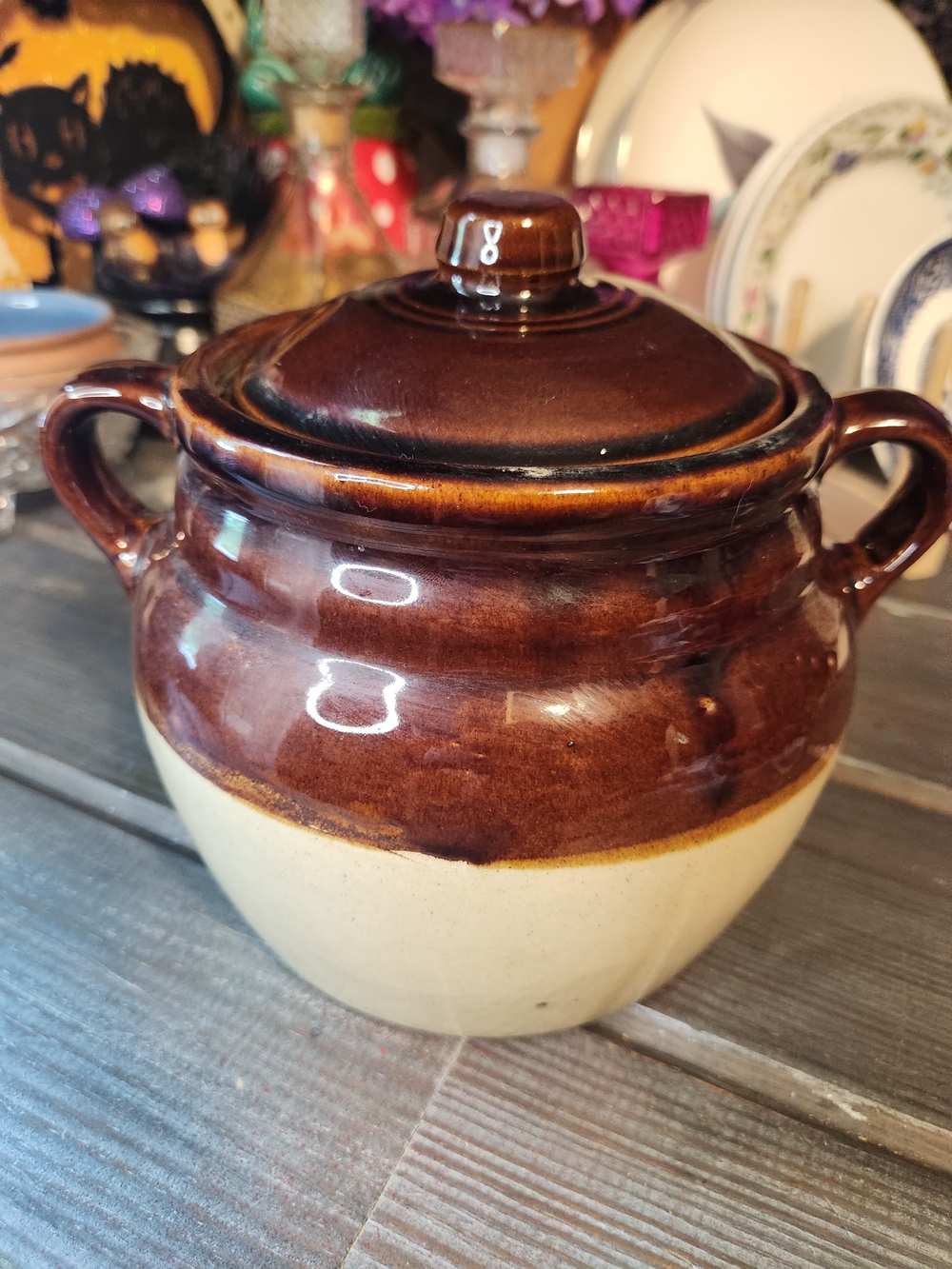 Brown and Cream Ceramic Lidded Crock - Vintage Monmouth Crock